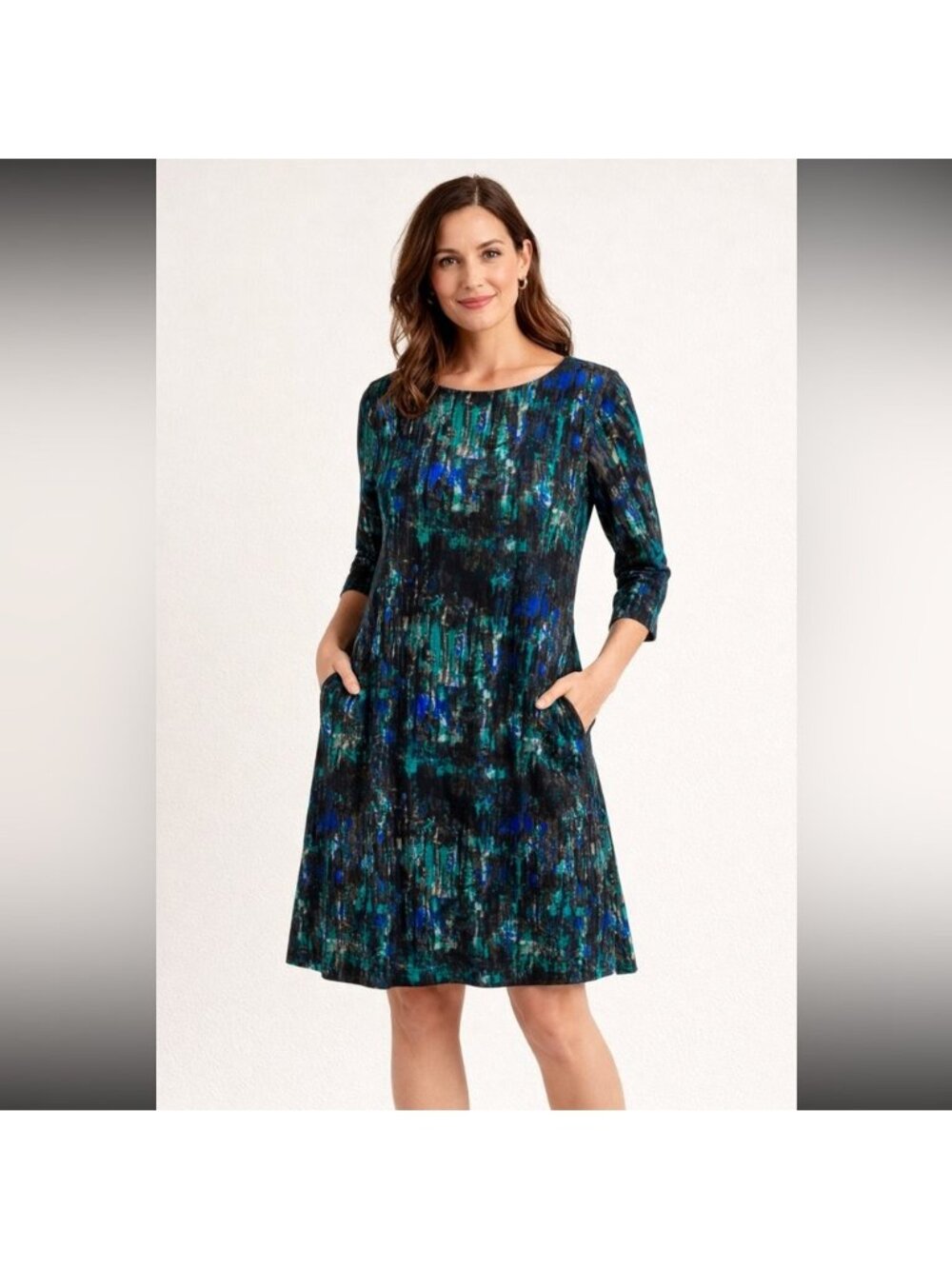 Sympli Size 10 Abstract Print A-Line Dress Blue Green 3/4 Sleeve Pockets Canada